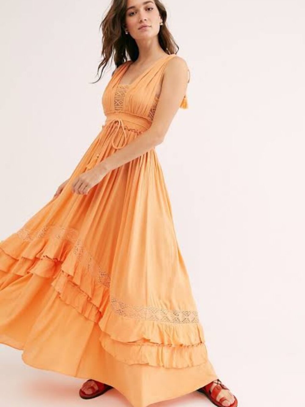 ✨COPY! RARE! Free People Santa Maria Ruffled High Low Smocked Maxi Dress! Peach!